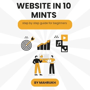 May include: Book cover with the title "BUILD SIMPLE WEBSITE IN 10 MINTS" in bold black letters. Below, it says "step by step guide for beginners" in a yellow banner. Illustrations include a target, a graph, and two people with a laptop.