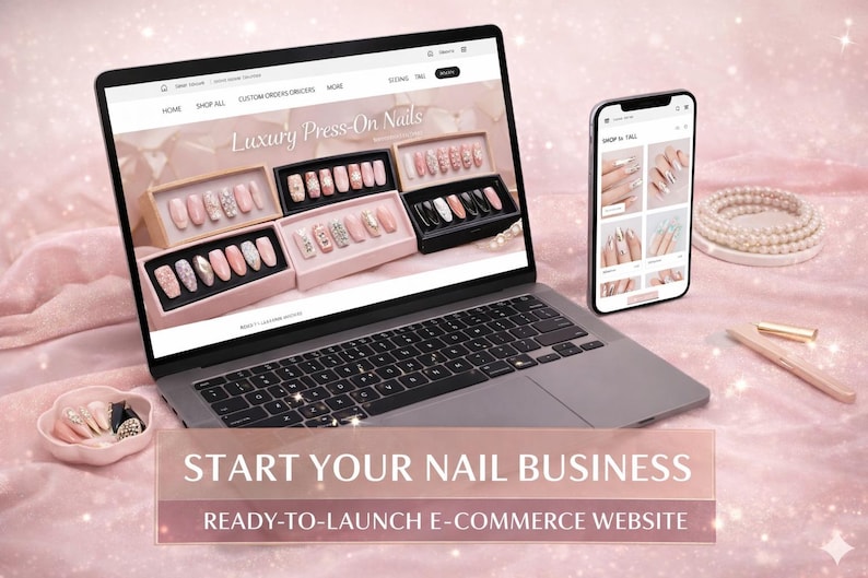 May include: A laptop and smartphone display a website showcasing luxury press-on nails. The laptop screen features various nail sets in pink and black boxes. A small dish of nails, a pearl necklace, and a pen are also visible. Text reads: START YOUR NAIL BUSINESS, READY-TO-LAUNCH E-COMMERCE WEBSITE.