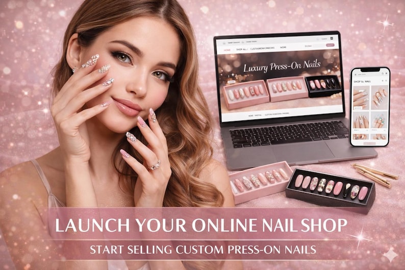 May include: A woman with manicured nails, displaying press-on nails. A laptop and smartphone show nail designs. The text "LAUNCH YOUR ONLINE NAIL SHOP" and "START SELLING CUSTOM PRESS-ON NAILS" is visible. The background is pink.