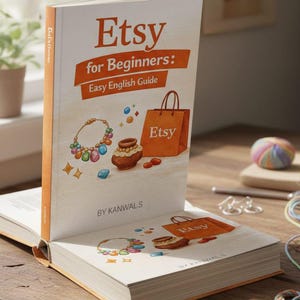May include: A book titled "Etsy for Beginners: Easy English Guide" is open on a wooden surface. The cover features illustrations of jewelry, a shopping bag with the Etsy logo, and pottery. The book's spine is orange.