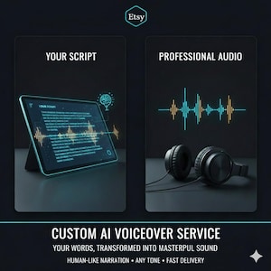 May include: An Etsy listing graphic for a custom AI voiceover service. The image is divided into two sections: "Your Script" with a tablet displaying text and audio waves, and "Professional Audio" with headphones and sound waves. The bottom text reads "CUSTOM AI VOICEOVER SERVICE".
