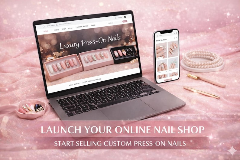 May include: A laptop and smartphone display a website for luxury press-on nails. The image includes a pearl bracelet, two pens, and a small dish of nails. Text reads "Launch Your Online Nail Shop" and "Start Selling Custom Press-On Nails."