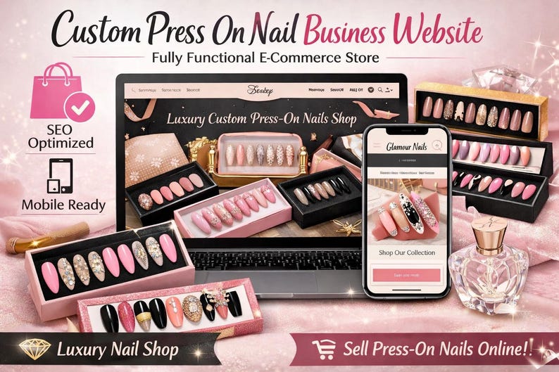 May include: An advertisement for a custom press-on nail business website. The image shows a laptop and a smartphone displaying the website, surrounded by boxes of press-on nails in different designs and colours. Text includes "Custom Press On Nail Business Website" and "Luxury Nail Shop."
