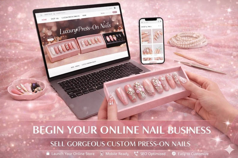 May include: A laptop and smartphone display a press-on nail business. A hand holds a pink box of decorated nails. The text reads, "BEGIN YOUR ONLINE NAIL BUSINESS" and "SELL GORGEOUS CUSTOM PRESS-ON NAILS."