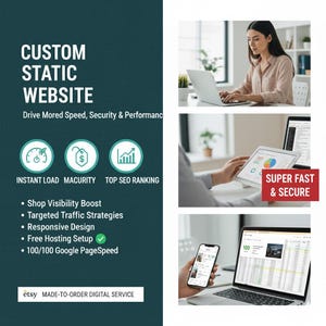 Könnte beinhalten: Eine türkisfarbene Grafik, die für einen benutzerdefinierten statischen Website-Service wirbt. Der Text enthält "Instant Load", "Macurity" und "Top SEO Ranking". Zusätzlicher Text hebt die Shop-Sichtbarkeitssteigerung und responsives Design hervor.