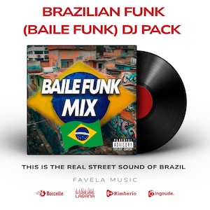 Może przedstawiać: Płyta winylowa i okładka albumu z napisem "BRAZILIAN FUNK (BAILE FUNK) DJ PACK." Okładka albumu ma brazylijski wzór flagi ze słowami "BAILE FUNK MIX." Widoczny jest również tekst "THIS IS THE REAL STREET SOUND OF BRAZIL".
