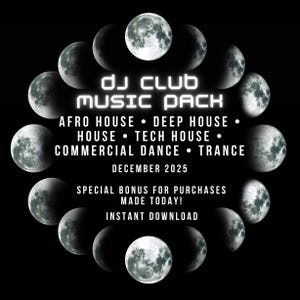 May include: A black graphic with a circular arrangement of moon phases. The text reads "DJ CLUB MUSIC PACK" and lists music genres like Afro House and Trance. Additional text includes "December 2025" and "Instant Download."