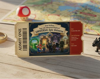 Universal Epic Universe Ticket Surprise Reveal | Editable Canva Boarding Pass | Super Nintendo World, Isle of Berk & Dark Universe Gift