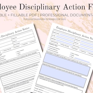 Könnte beinhalten: Zwei druckbare Formulare zur Mitarbeiterdisziplinarmaßnahme. Die Formulare enthalten Abschnitte für Mitarbeiterinformationen, Art der Verletzung, Beschreibung des Vorfalls und erwartete Verbesserung. Für professionelle Dokumentation.