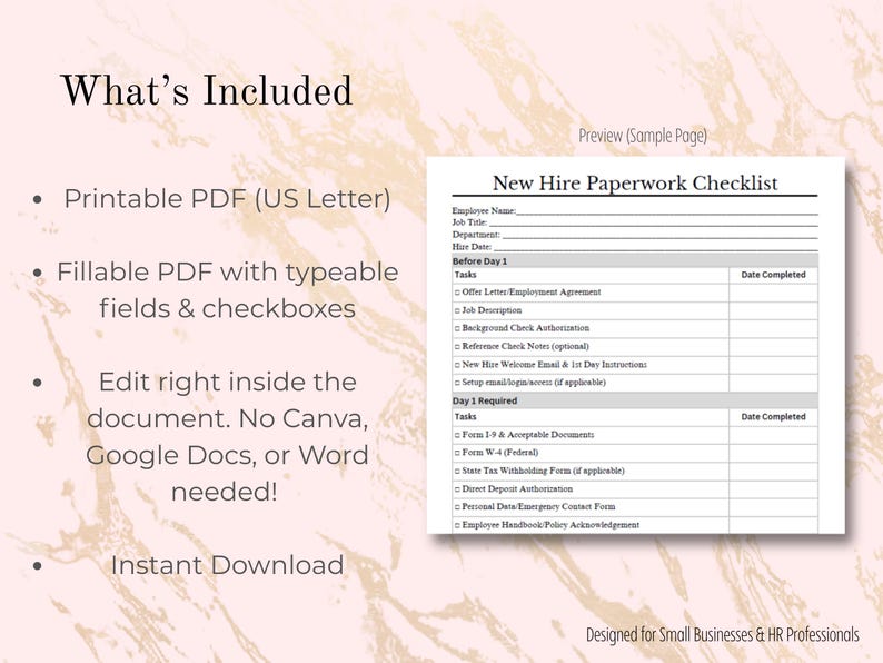 New Hire Paperwork Checklist | Fillable PDF + Printable | Employee ...