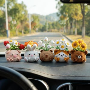 Car Dashboard Crochet Pattern PDF, Mini Flower Pot Amigurumi Digital Download, Crochet Car Plant Accessory, Cute Animal Planter Tutorial