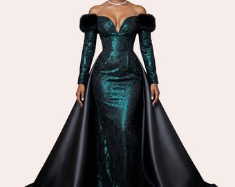 Luxury Off Shoulder Couture Gown | Custom Sizing | Green and Black