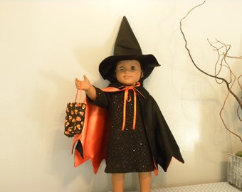 18-inch popheksenkostuum, hoed, omkeerbare cape, zwarte glitterjurk, Trick or Treat-tas