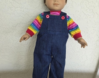Blaue Latzhose mit Streifenshirt für 18"Puppen