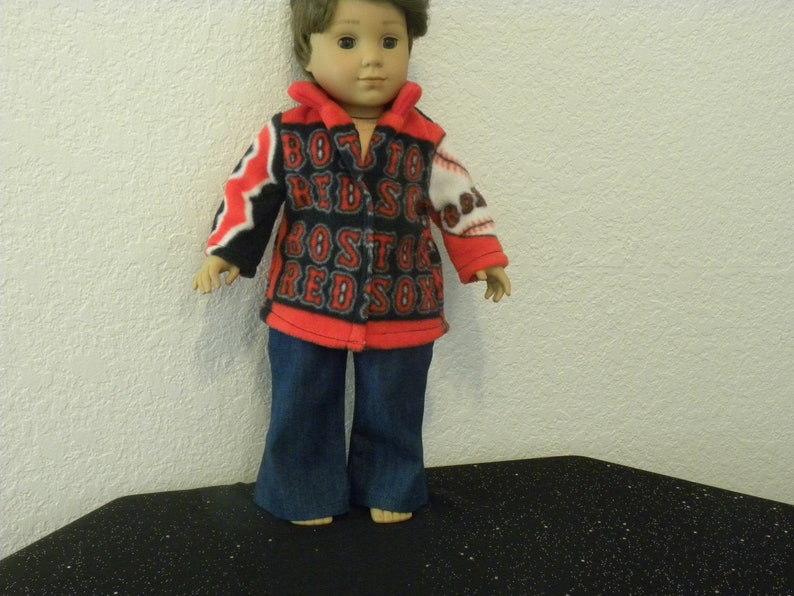 Boston Red Sox fleece jacket and blue jeans created for 18 dolls image 3