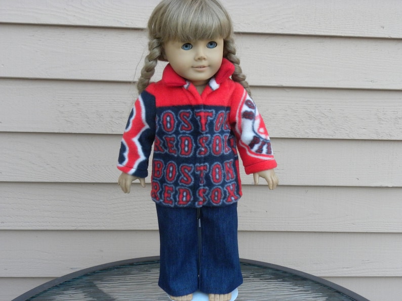 Boston Red Sox fleece jacket and blue jeans created for 18 dolls image 1