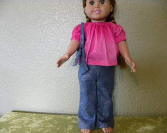Pinke Bluse und funkelnde Bluejeans mit passender Geldbörse für 18"Puppen