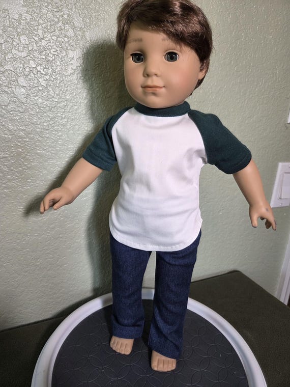 Green and White Baseball Shirt and Blue Jeans designed to fit 18" dolls