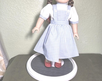 Dorothy's 2-teiliges blaues Vichy-Karo-Kleid mit roten Schuhen für 18 Zoll Puppen