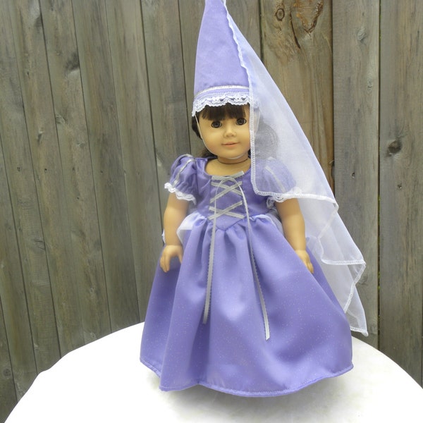 Purple Rapunzel gown, hat and petticoat created for 18" dolls