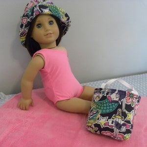 Pink Bathing suit and accessories for 18" dolls sun hat, beach towel beach bag summer fun sea shore gift preteen gift cruising