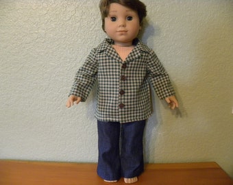 Green and Tan Check Shirt and Blue Jeans designed for 18" dolls