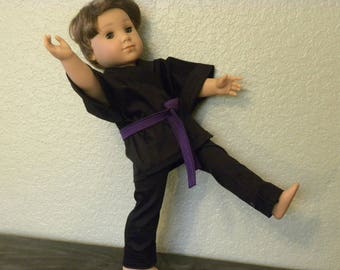 Black karate gi  with purple belt designed to fit 18" dolls