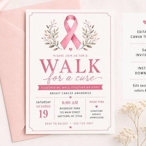 May include: A white rectangular invitation card featuring a pink watercolor awareness ribbon at the top, flanked by leafy branches. The text reads: PLEASE JOIN US FOR A WALK FOR A CURE, TOGETHER WE WALK, TOGETHER WE FIGHT, BREAST CANCER AWARENESS.
