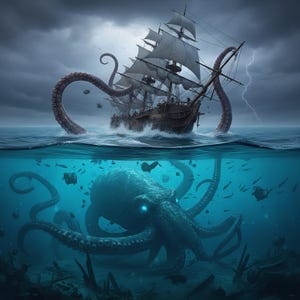 Può includere: Illustrazione di una nave pirata che combatte contro un polpo gigante in un mare in tempesta. La nave è marrone con vele bianche e il polpo ha grandi tentacoli. La scena è divisa, con la nave sopra l'acqua e il polpo sotto.