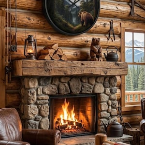 May include: A cozy cabin interior with a stone fireplace and a burning fire. A black clock with a bear and mountain scene hangs above the mantel. A brown leather armchair sits near the fireplace. The walls are made of wood.