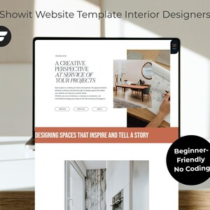 May include: A Showit website template for interior designers displayed on a screen. The layout features the text A CREATIVE PERSPECTIVE AT SERVICE OF YOUR PROJECTS and DESIGNING SPACES THAT INSPIRE AND TELL A STORY, alongside imagery of furniture.
