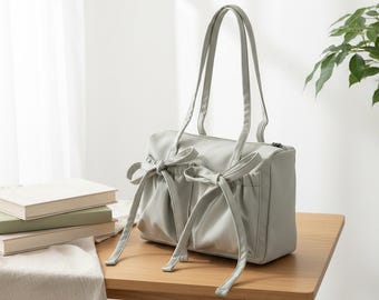 Bow Accent Nylon Shoulder Bag | Large Capacity Commuter Tote