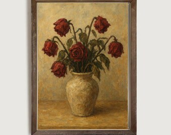 Vintage Rose Still Life Printable Wall Art, Rustic Floral Digital Download