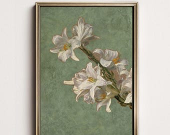 White Lily Painting Green Background | Botanical Antique Poster | Cottagecore Wall Decor (Digital Download)