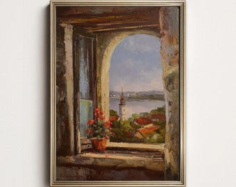 Vintage Window View Oil Painting Printable Wall Art
