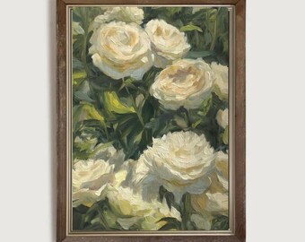 Vintage White Roses Oil Painting Printable Wall Art
