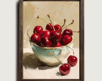 Cherry Bowl Oil Painting Printable Kitchen Wall Art