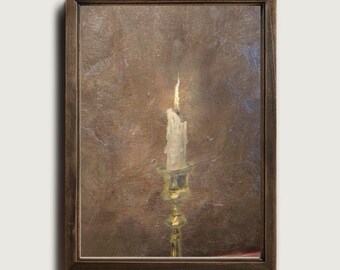 Vintage Candle Oil Painting in Moody Brown Tones