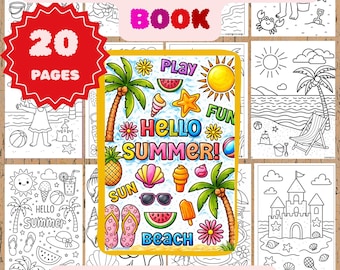Summer Beach Coloring Pages for Kids, Stress Relief Activity  (Instant Download)
