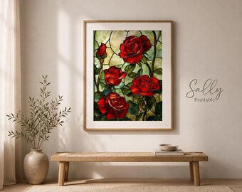 Red Rose Stained Glass Printable Wall Art, Vintage Floral Decor, Cottagecore Botanical Print, Digital Download