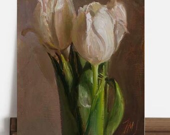 White Tulip Oil Painting Printable Floral Wall Art