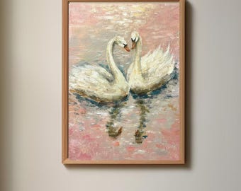 Swan Couple Oil Painting Printable Romantic Wall Art