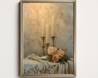 Vintage Candle and Roses Oil Painting Printable Art