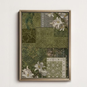 May include: A rectangular wall art piece in a thin gold frame featuring a collage of various olive and sage green patterned textures. The composition includes sections of intricate damask and floral motifs overlaid with white lily flower illustrations.