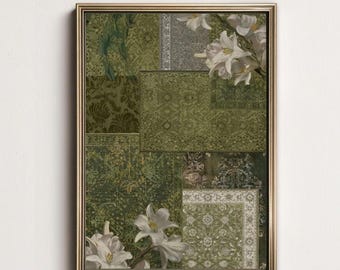 Vintage Sage Green Patchwork Wall Art | Digital Download Abstract Background Art