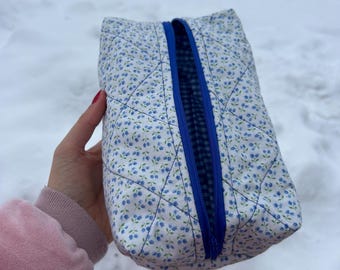 Hand Sewn Quilted Box Bag, Patchwork Makeup Travel Bag