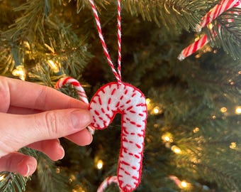Handmade Felt Candy Cane Ornament, Embroidered Christmas Decor