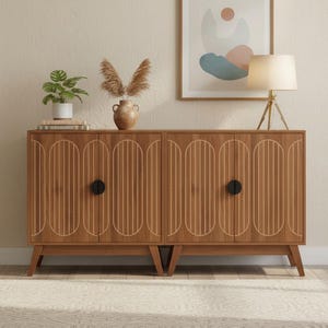 Mid Century Modern Sideboard Cabinet, Fluted Tambour Doors, Walnut Finish