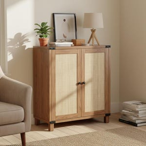 Sideboard Cabinet with Rattan Style Doors, 31.5" Credenza Buffet with Soft-Close Storage Adjustable Shelves for Living Room or Hallway Décor