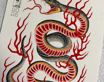 Traditional Japanese Snake Tattoo Flash Print | 16x20 Wall Art